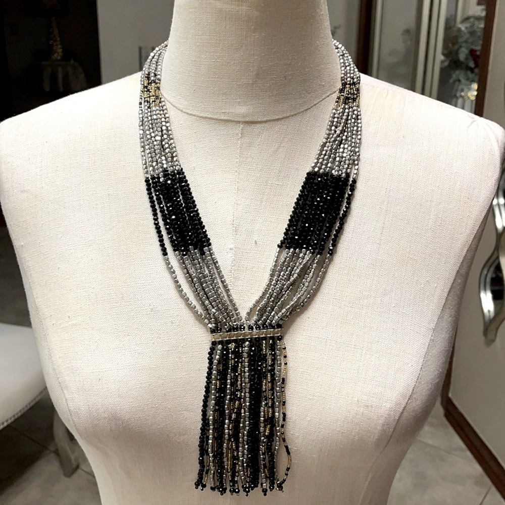 NWT Himalayan Gems boho necklace fringe Silver black gold beads 23”…5” extender